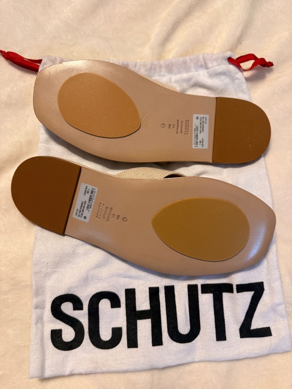 SCHUTZ Lois Beige Linen Flat Sandal with Gold Buckle - Picture 6 of 7